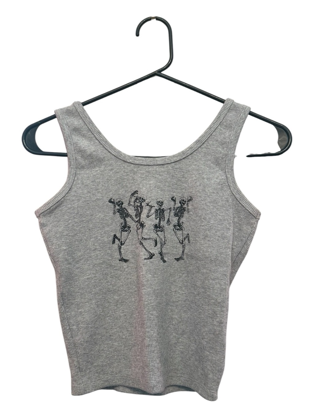 Obsessive Love Gray Ribbed Cotton Tank Crop Top with Skeleton Graphic Small